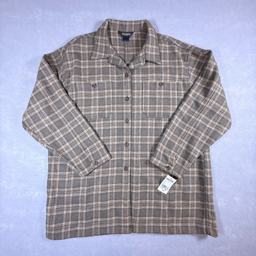 NWT vtg womens Woolrich wool shirt jacket - shacket camping plaid tan blue sz L